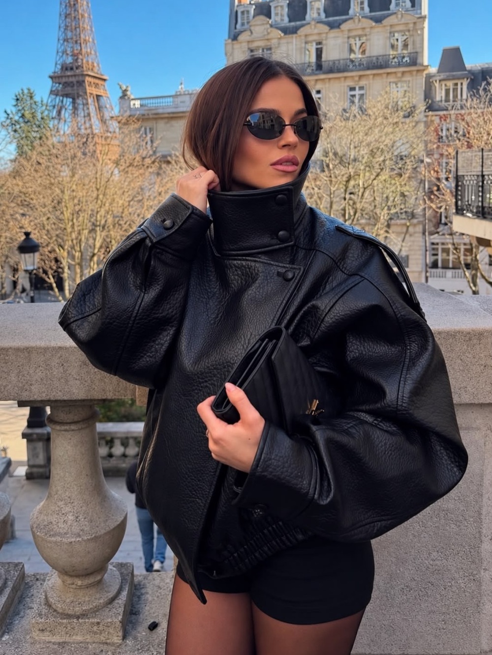Faux Leather Bomber Jacket - Women